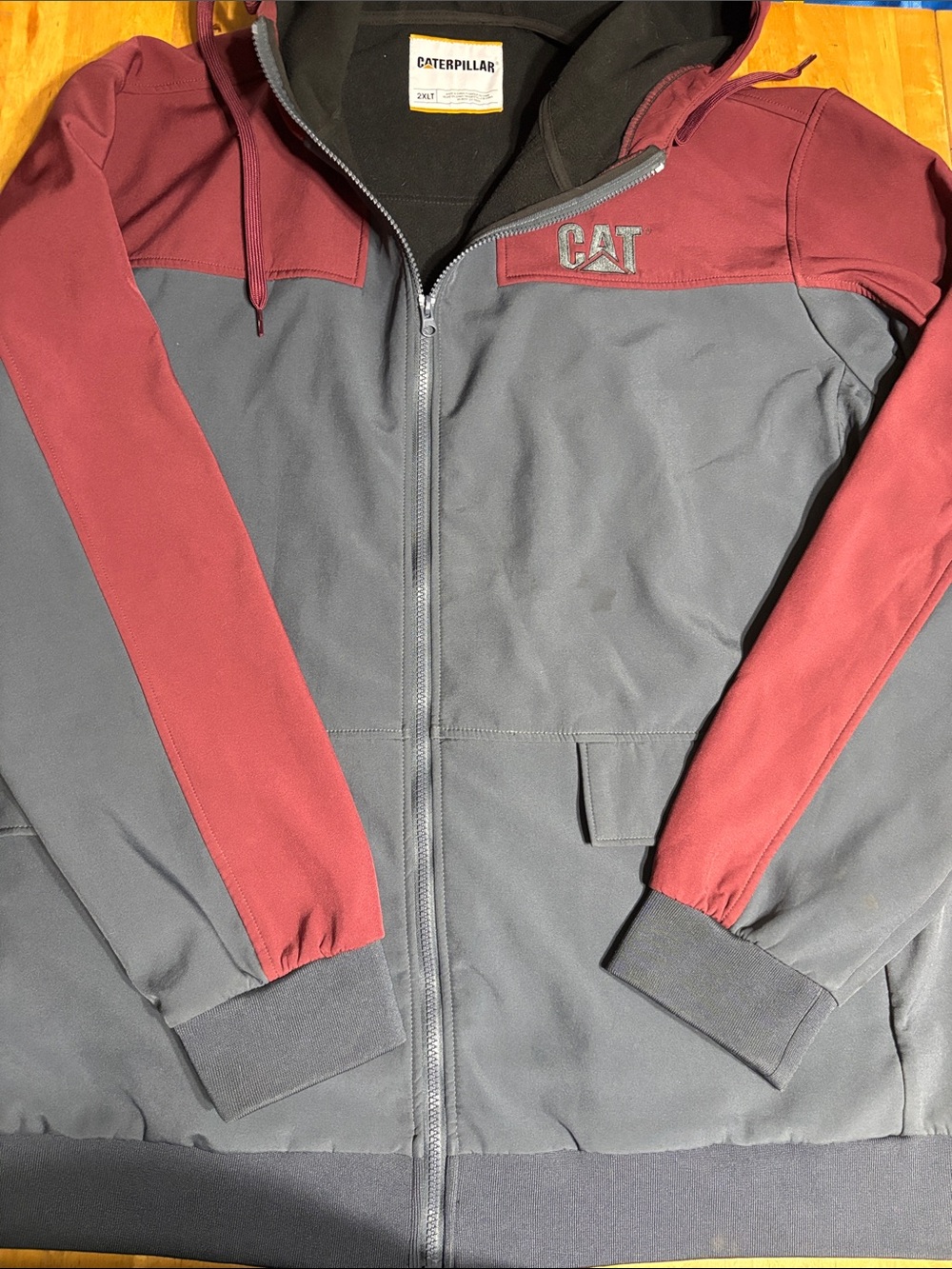 Caterpillar Two-Tone Gray and Burgundy Zip-Up Hooded Jacket